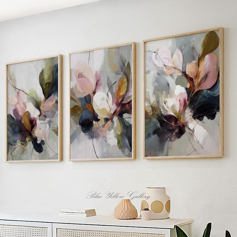 Abstract floral wall art set of three in soft neutral and pastel tones