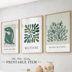 Sage green Matisse print set of 3. Neutral minimalist mid century printable gallery wall set, vintage aesthetic room decor