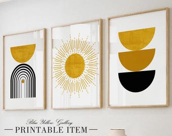 Black mustard yellow abstract mid century modern wall art set of 3 prints. Bohemian Wall Art, Abstract minimalist large gallery wall set