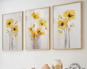 Yellow flowers gallery wall set of 3 prints. Floral minimalist botanical wall art, mustard abstract wildflowers posters, boho room decor