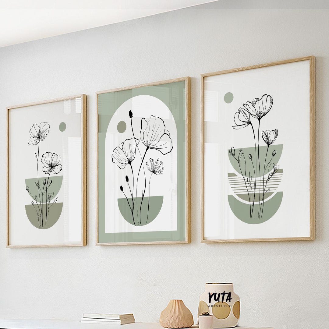 Sage Green Boho Abstract Wall Art Set of 3 Print. Pastel Floral Line ...