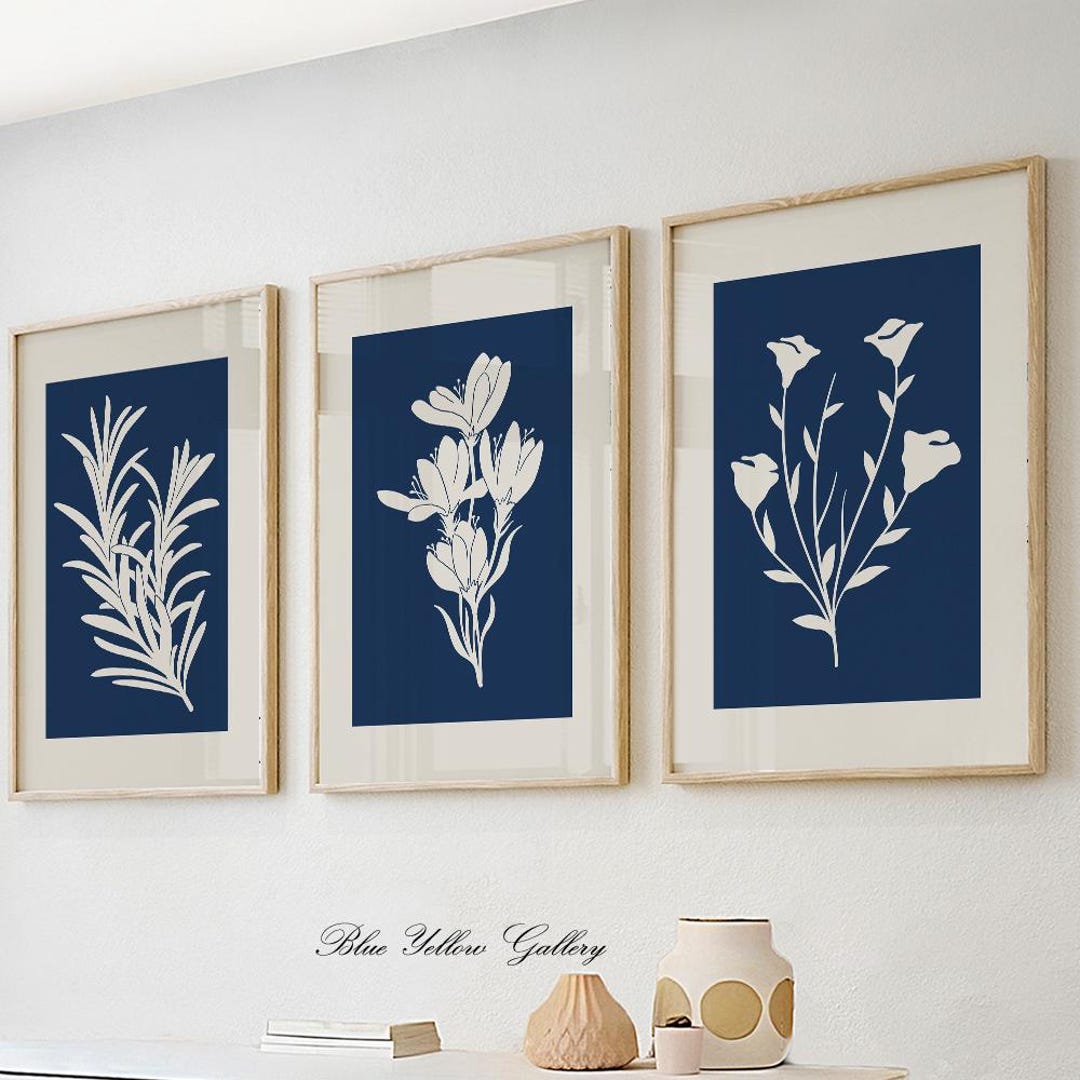 Navy Blue Boho Floral Print Set of 3. Mid Century Modern Minimalist ...