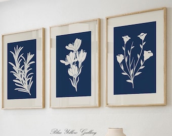 Navy Blue Boho Floral Print Wall Set of 3. Mid century modern Minimalist Wildflower Gallery Wall Set. Rustic Botanical Country Decor