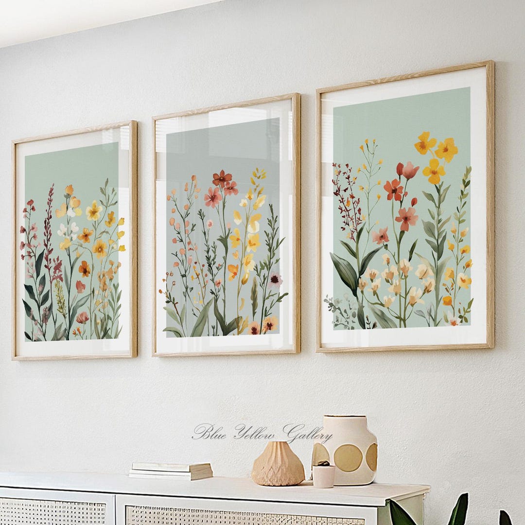 Sage Green Set of 3 Wildflower Prints, Botanical Cottagecore Wall Art ...