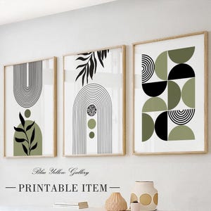 Black olive green boho printable art set of 3 prints. Mid century modern abstract wall art, neutral room decor aesthetic boho posters