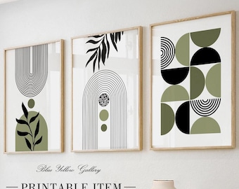 Puede incluir: Conjunto de tres impresiones de arte abstracto con formas geométricas y follaje en negro, verde y blanco. Las impresiones están enmarcadas en madera natural y presentan el texto "Blue Yellow Gallery - Printable Item - ".
