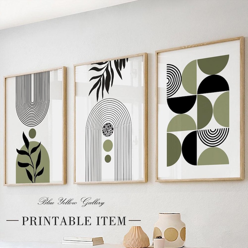 Black olive green boho printable art set of 3 prints. Mid century modern abstract wall art, neutral room decor aesthetic boho posters