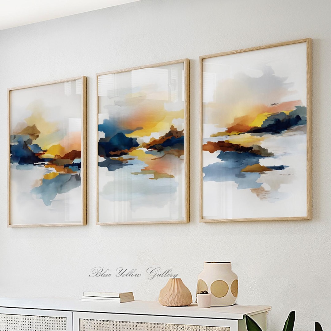 Set of 3 Abstract Wall Art Prints, Navy Blue and Yellow Modern ...