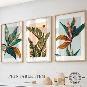 Colorful floral wall art set of 3 prints. Modern tropical leaves gallery wall art prints. Bright botanical wall art set