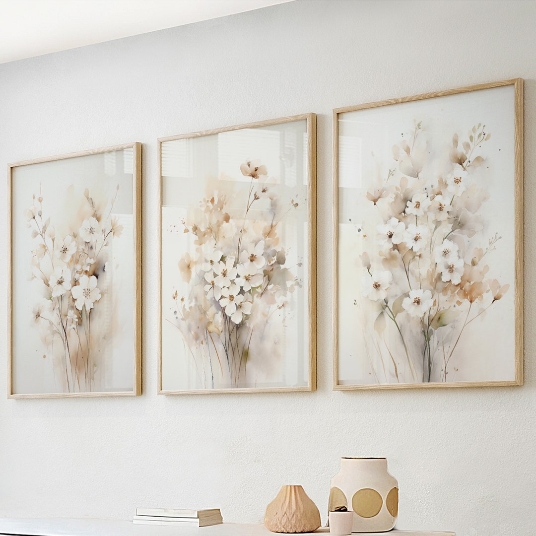 Neutral Beige Floral Wall Art Set of 3 Prints. Nature Willd Flowers Printable Farmhouse Wall Art