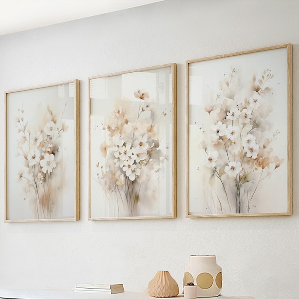 Neutraal beige bloemenmuurkunstset van 3 prints. Natuur wilde bloemen afdrukbare boerderij kunst aan de muur. Moderne boho botanische galerijwandset.