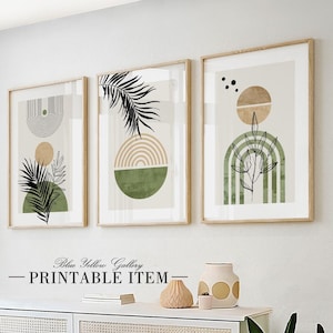 Neutral green beige modern boho printable art set of 3 prints. Mid century modern wall art, room decor aesthetic boho gallery wall set