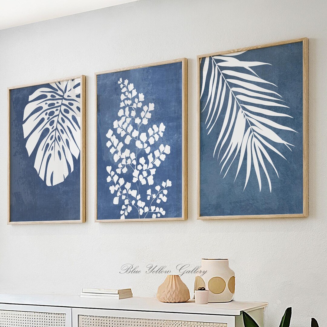 Blue Indigo Tropical Leaves Set of 3 Print, Modern Botanical Wall Art ...