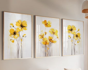 Yellow flowers set of 3 prints. Floral printable gallery wall set, minimalist botanical wall art, mustard abstract wildflowers posters