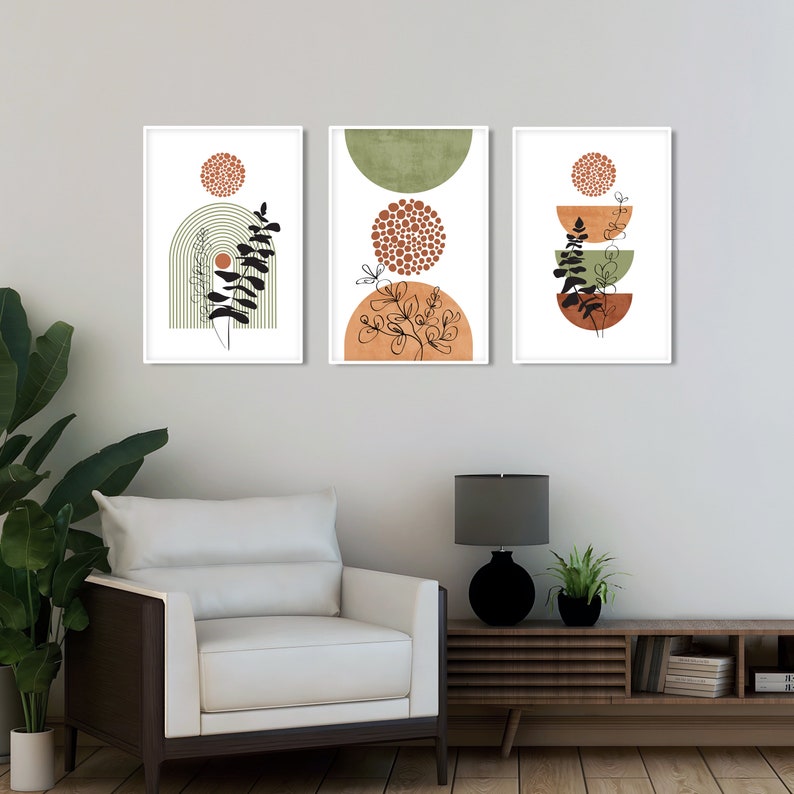 Terracotta Green Mid Century Modern Wall Art Set of 3 Prints. - Etsy