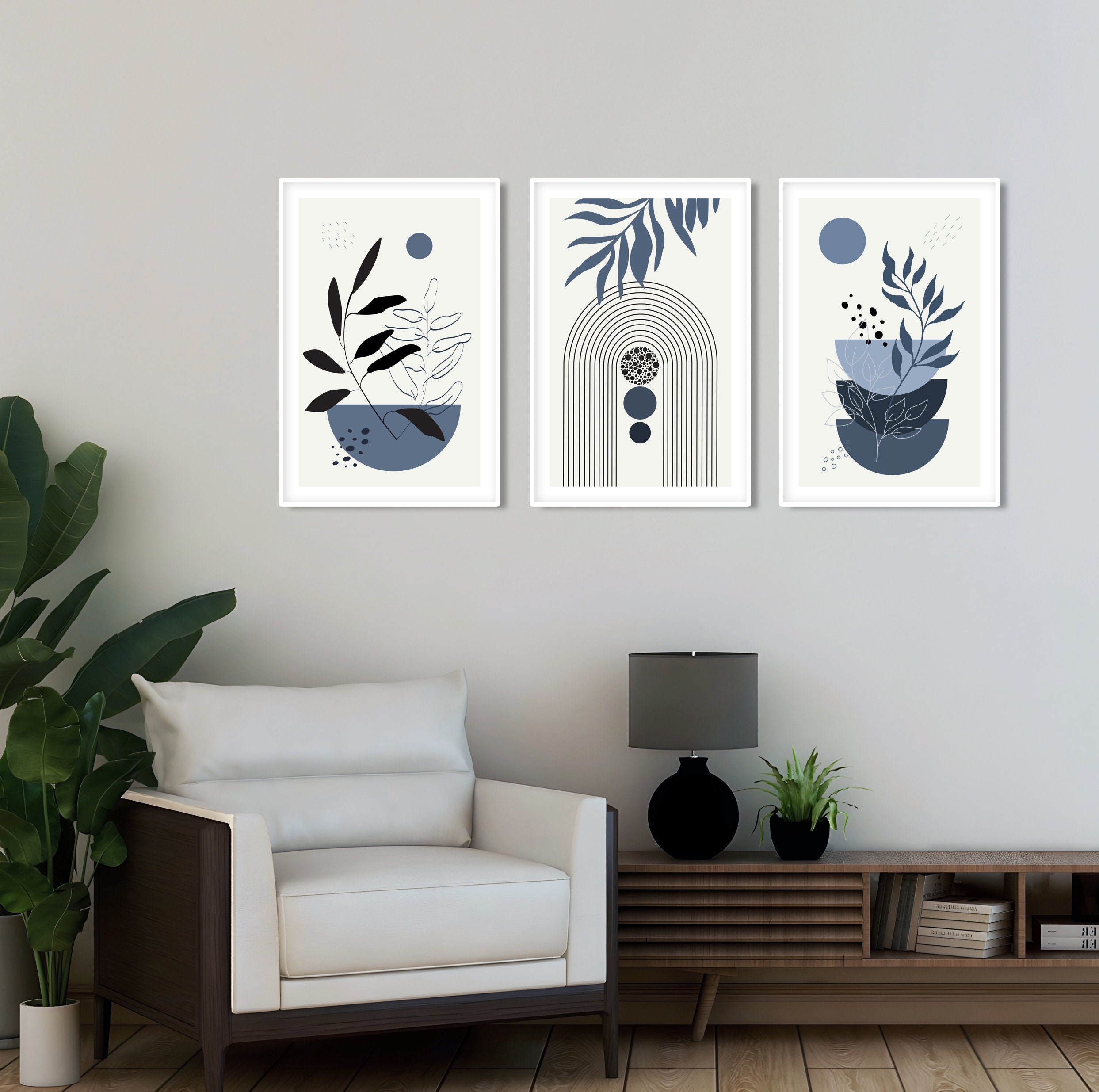 Navy Blue Mid Century Modern Wall Art Set of 3 Print. Bohemian - Etsy