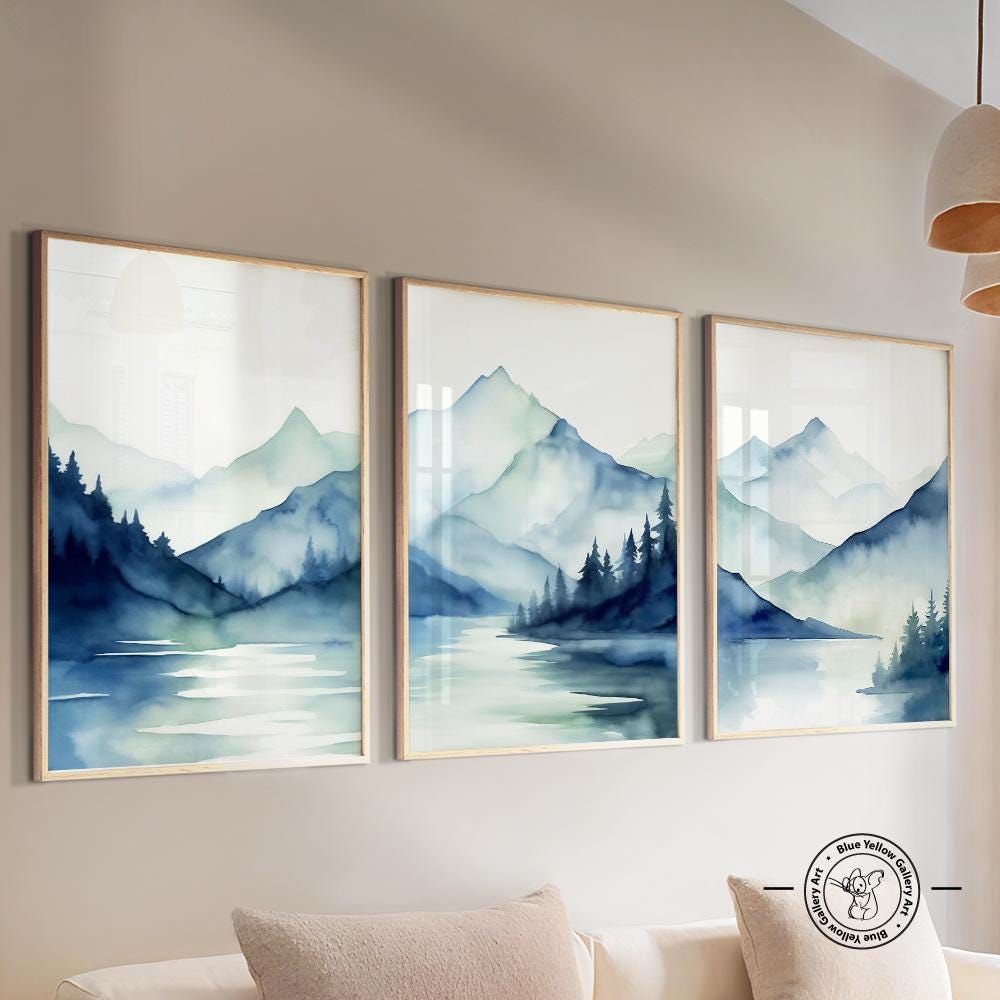 Navy Blue Abstract Mountains Print Set of 3 Prints. Mid Century Modern ...