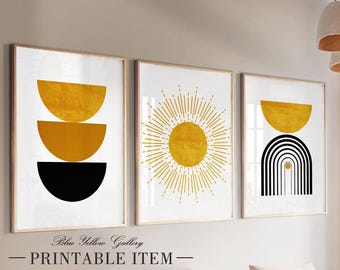 Mid Century Modern Abstract Wall Art Set, Black Mustard Yellow Prints (Digital Download)