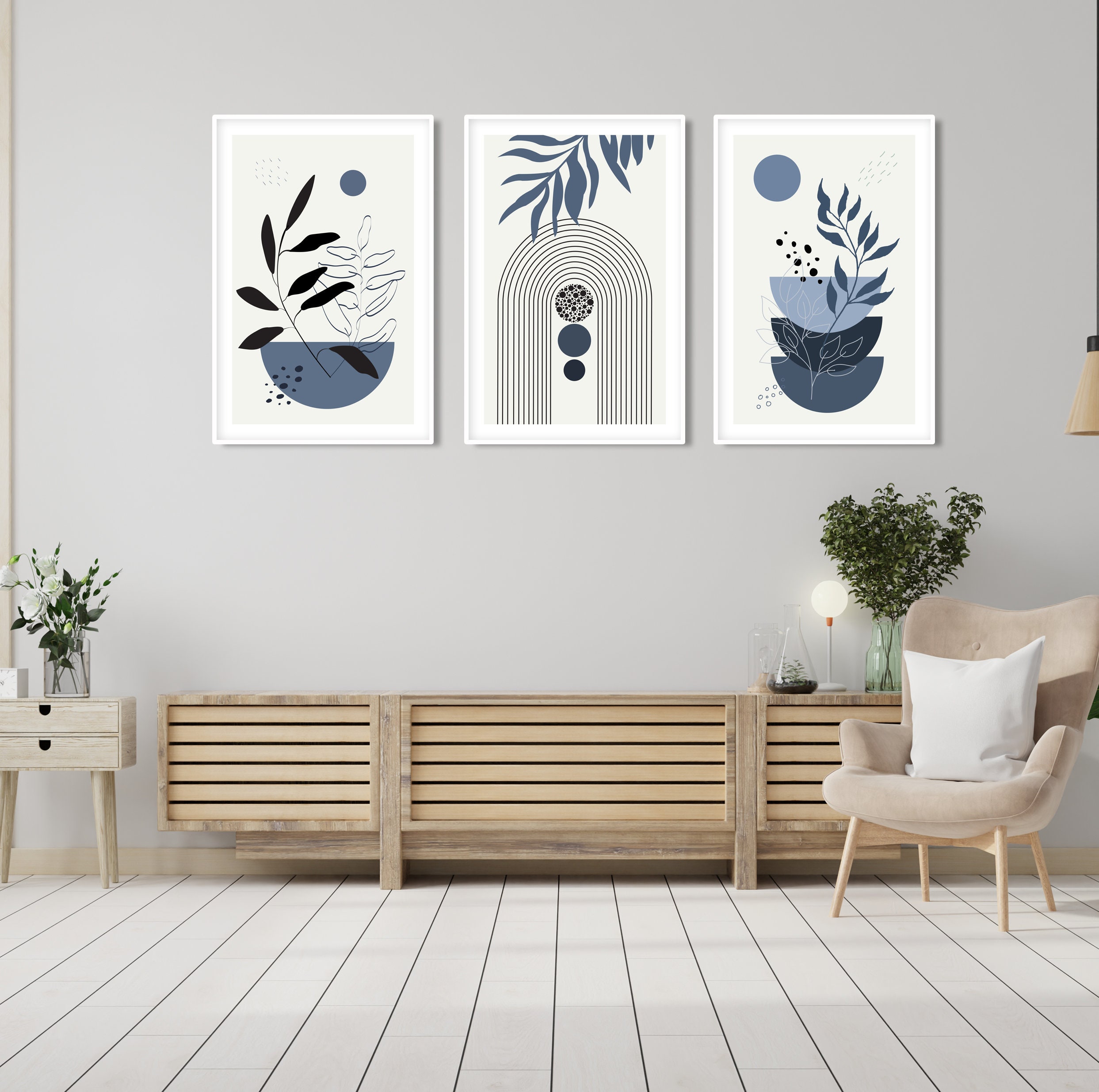 Navy Blue Mid Century Modern Wall Art Set of 3 Print. Bohemian - Etsy