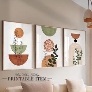 Druckbares terrakottagrünes mid century Wand Kunst 3er Set Bilder. Boho botanisches Plakat abstrakte Pflanzen groß Galerie-Wandset
