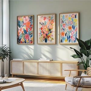 Floral Gallery Wall Art, Mid Century Modern Set of 3 Prints, Retro Wall ...