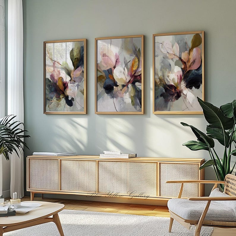 Set of three modern floral prints for bedroom or hallway decor