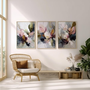 Elegant abstract flower artwork in beige, pink, green and navy