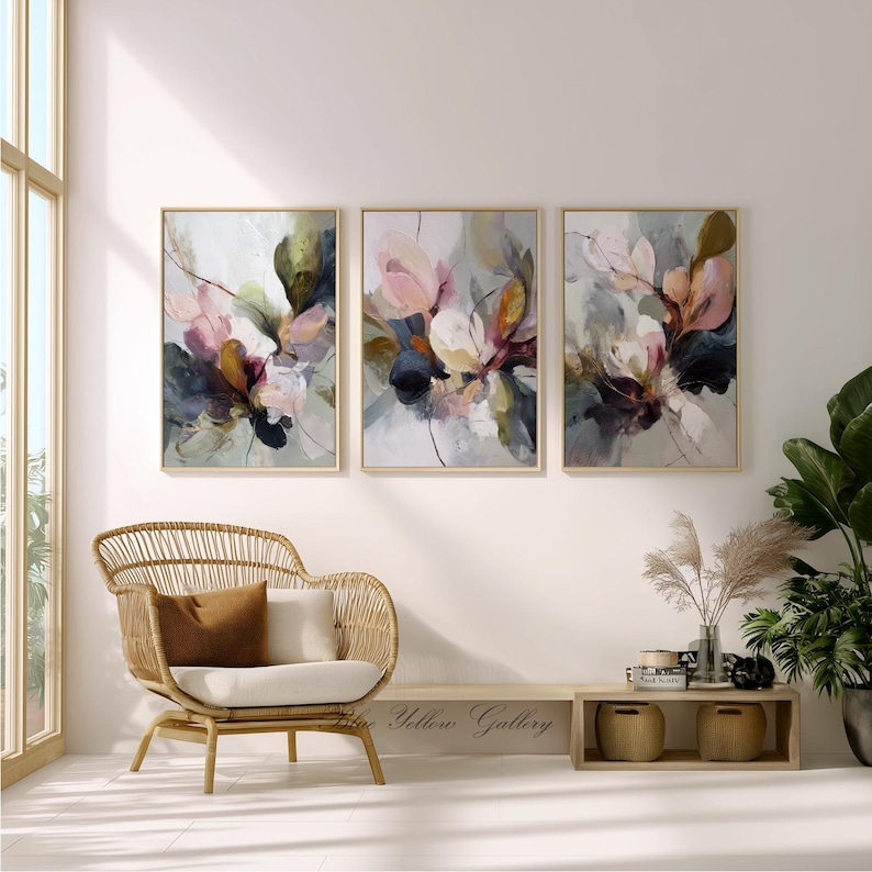 Elegant abstract flower artwork in beige, pink, green and navy