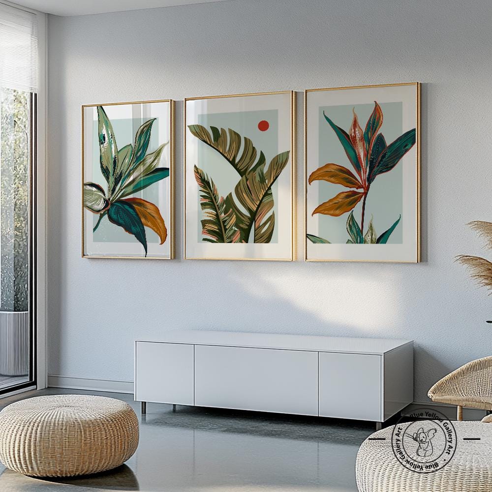 Colorful Blue Botanical Wall Art Set of 3 Prints. Modern Tropical ...