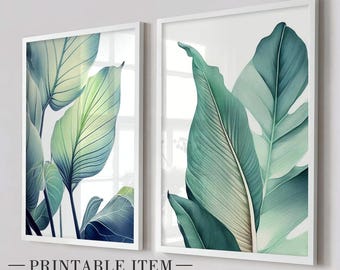 Neutral tropical green leaves art set of 2. Botanical greenery gallery wall art prints. Modern nature wall art set, aesthetic room decor
