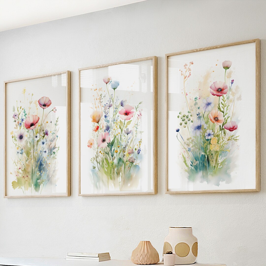 Pastel Wild Flowers Wall Art Set of 3 Print, Meadow Flowers Boho Art ...