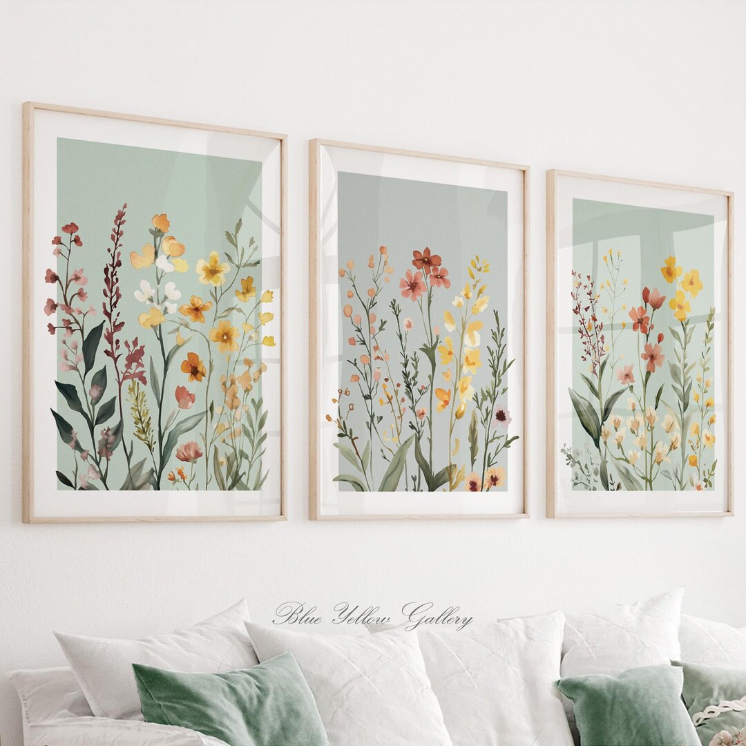 Sage Green Wildflower Botanical Wall Art Set, Modern Floral Print ...