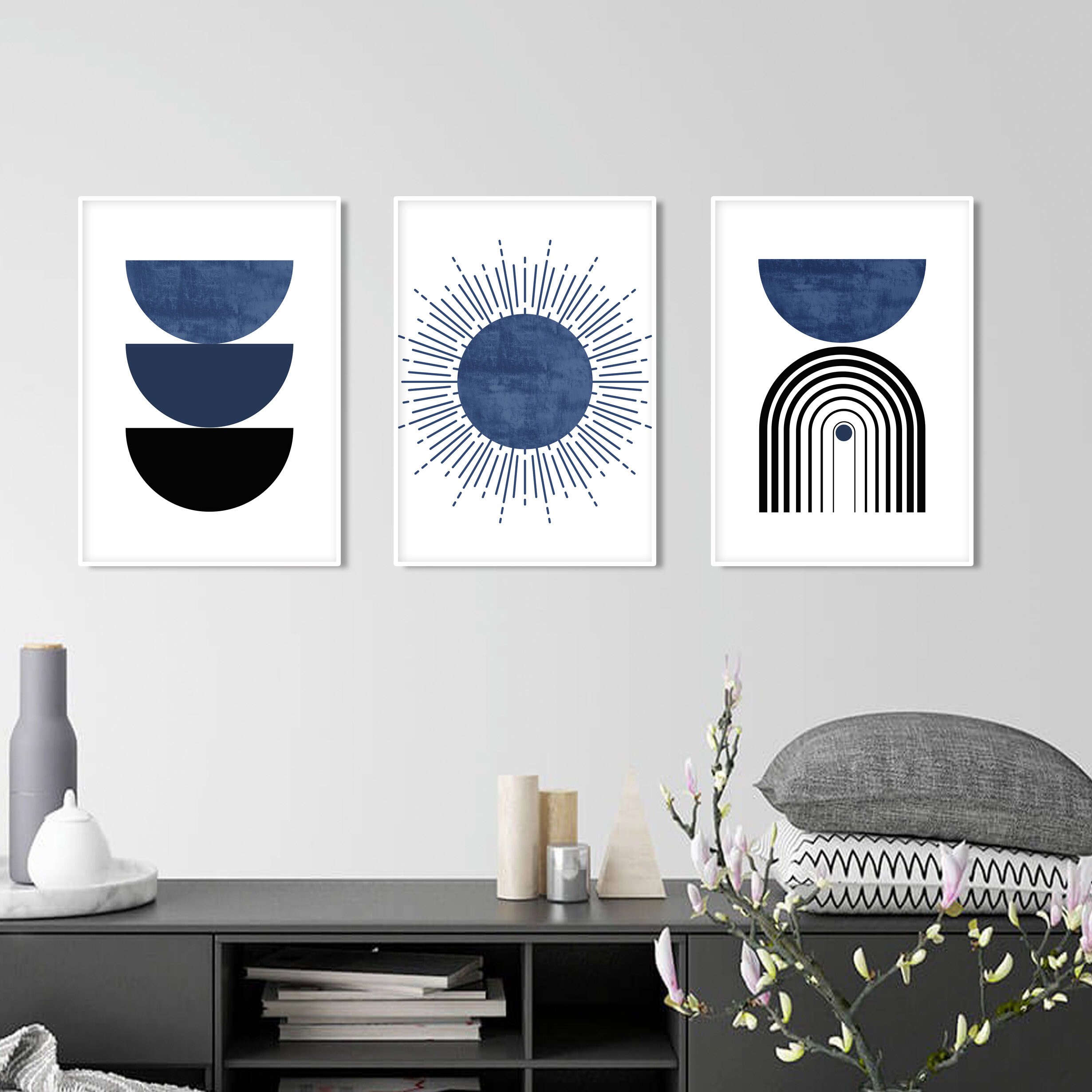 Navy Blue Black Mid Century Modern Wall Art Set of 3 Print. - Etsy