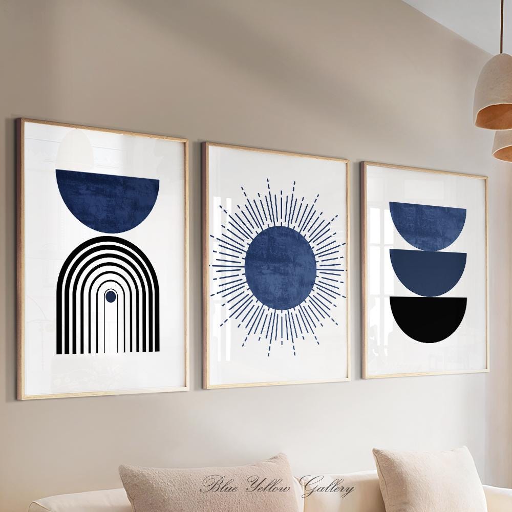 Navy Blue Black Mid Century Modern Wall Art Set of 3 Print. Boho ...