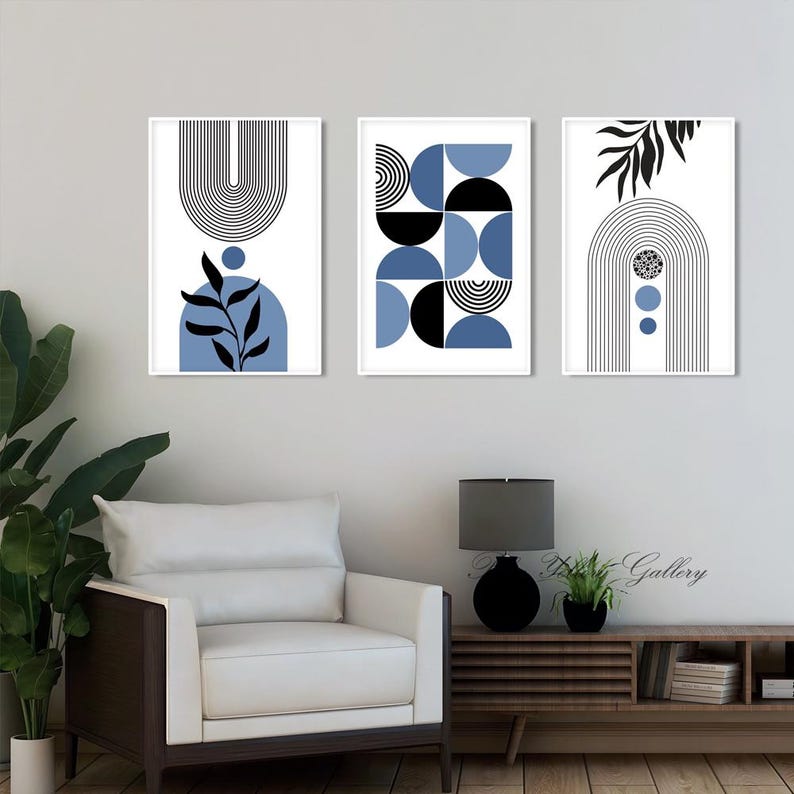 Navy Blue Mid Century Modern Wall Art Set of 3 Print. Bohemian ...
