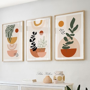 Mid century modern wall art set of 3 print. Bohemian terracotta beige green botanical poster Boho abstract plants gallery wall set