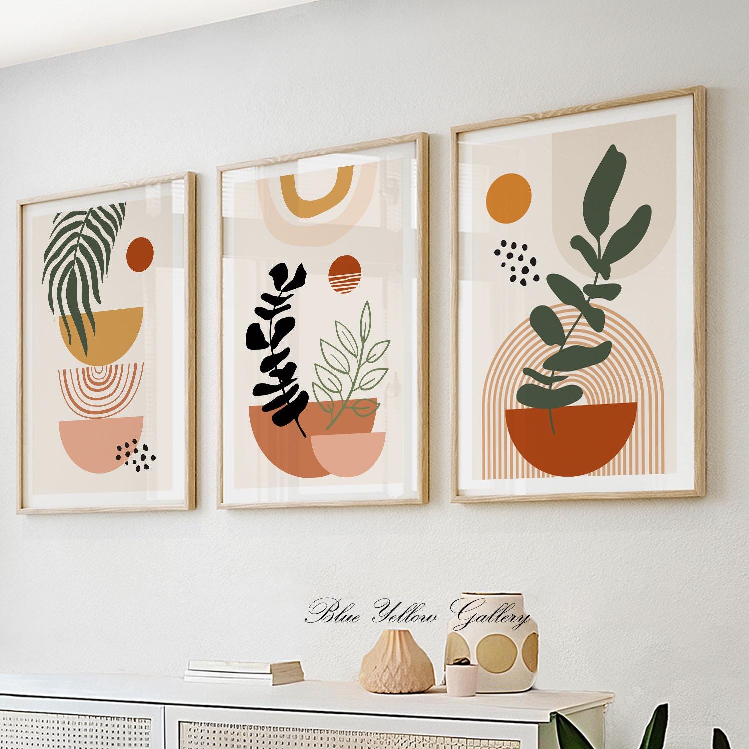 Mid century modern wall art set of 3 print. Bohemian terracotta beige green botanical poster Boho abstract plants gallery wall set