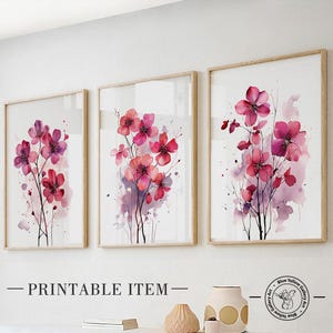 Ensemble de 3 fleurs roses minimalistes. Ensemble mural de galerie florale, art mural botanique, affiche abstraite de fleurs sauvages, art floral de ferme