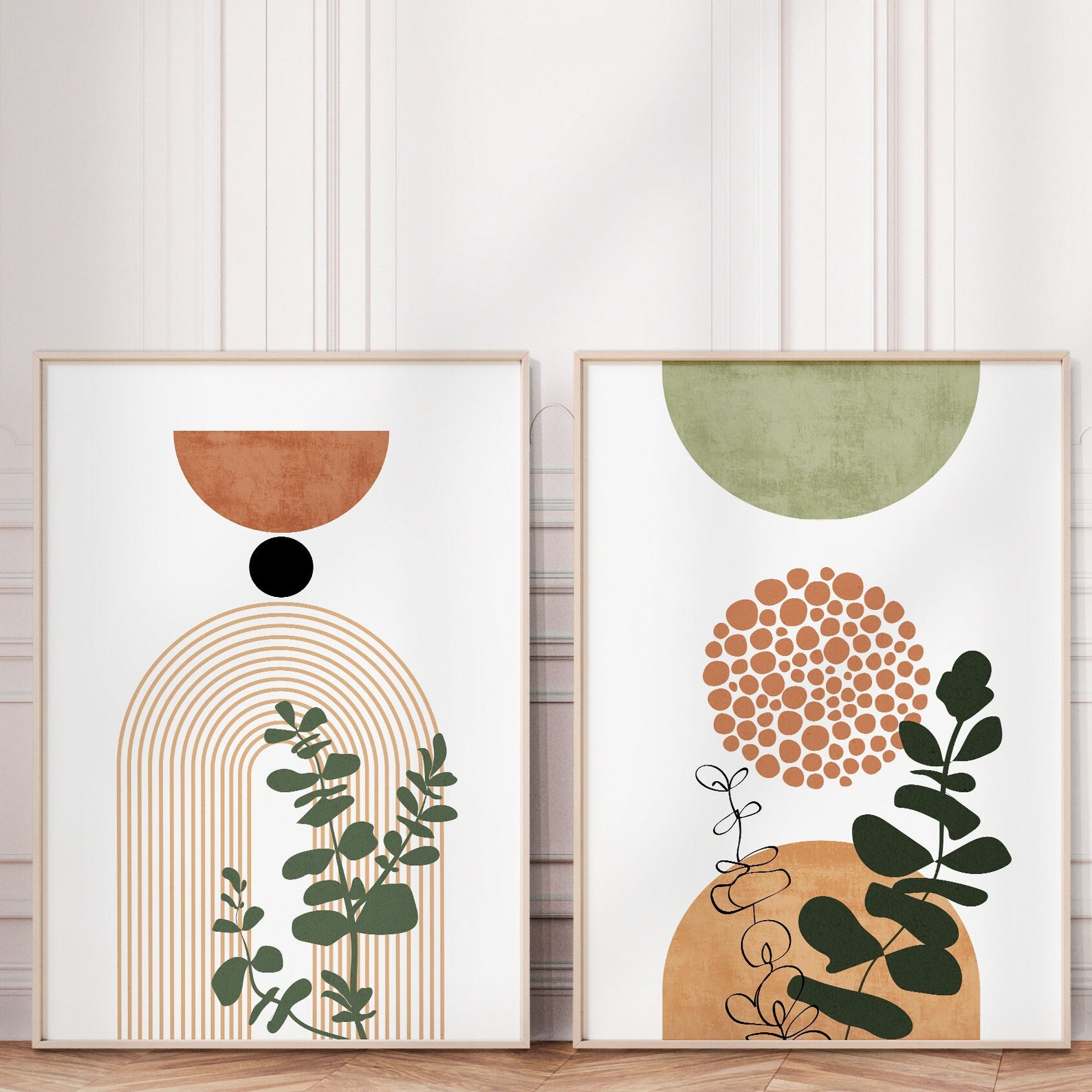 Terracotta Green Mid Century Modern Wall Art Set of 3 Print. - Etsy