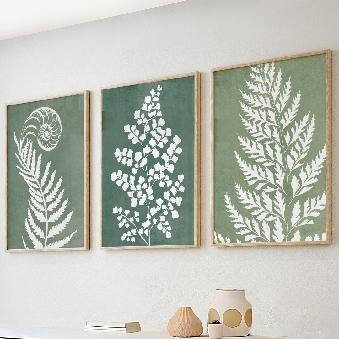 Sage Green Tropical Wall Art Set of 3 Prints. Botanical Pastel Gallery