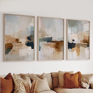 Abstract Landscape Wall Art Set of 3, Neutral Beige Prints, Modern Boho Wall Decor, Scandinavian Minimalist Art, Earthy Tones Triptych