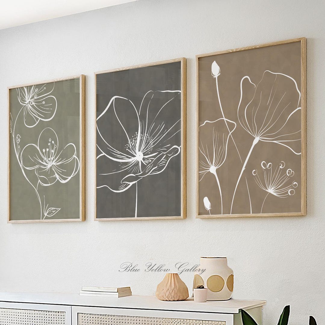 Neutral Botanical Wall Art Set of 3 Prints, Beige Sage Taupe Line Art ...