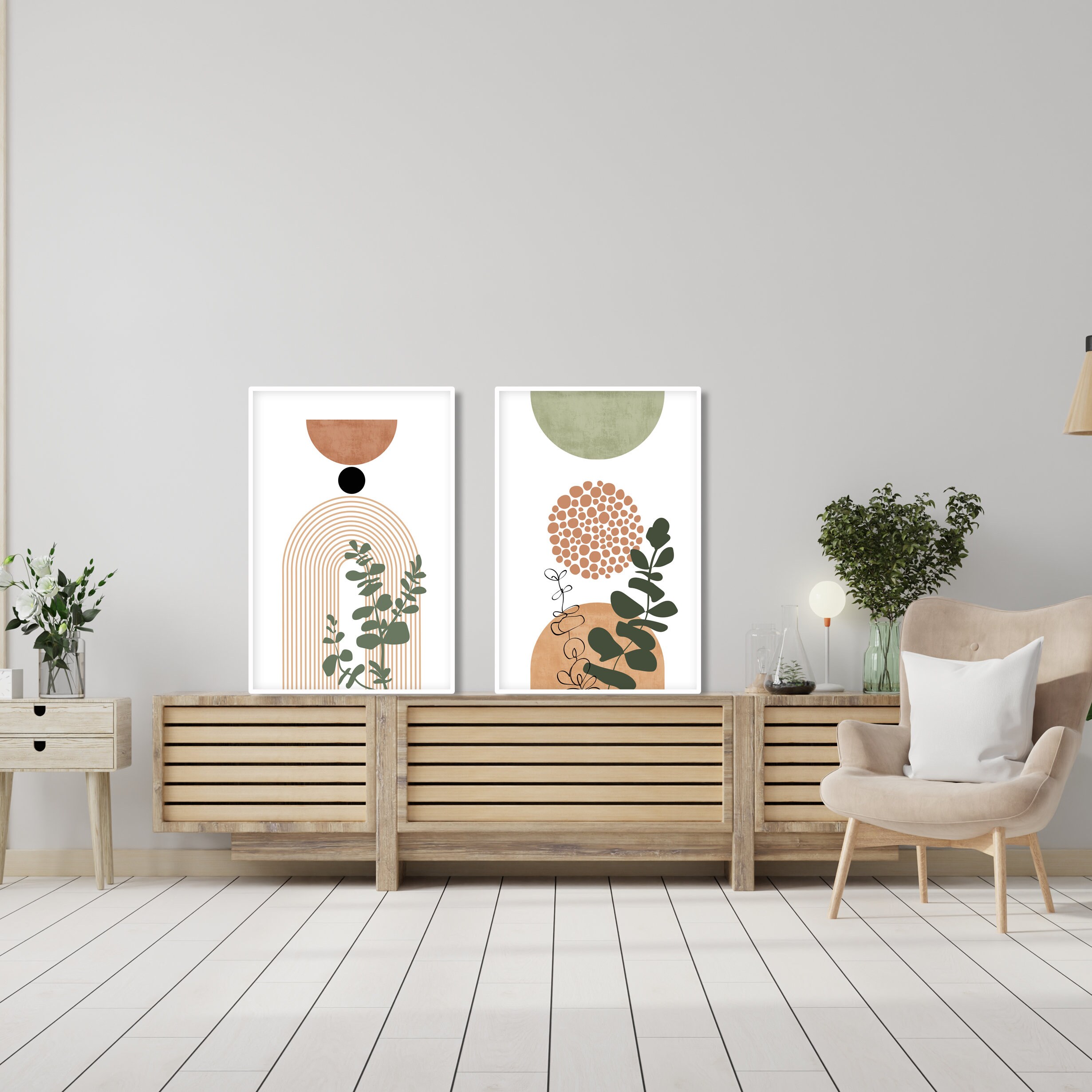 Terracotta Green Mid Century Modern Wall Art Set of 3 Print. - Etsy