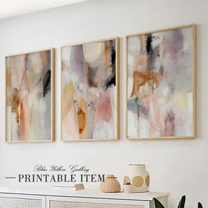 Neutral abstract brush wall art set of 3. Pastel printable nordic brushstroke gallery wall art prints. Japandi wall decor