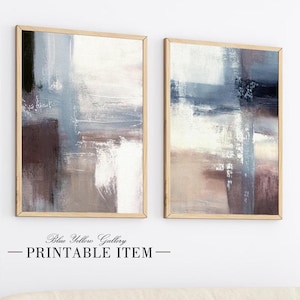 Blue brown abstract brush nordic art set of 2. Pastel minimalist brown blue prints. Neutral nordic wall decor, 2 piece modern wall art