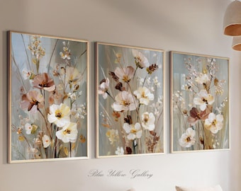 Set of 3 Neutral Floral Prints, Beige Wildflower Wall Art, Soft Botanical Gallery Wall Decor for Living Room or Bedroom