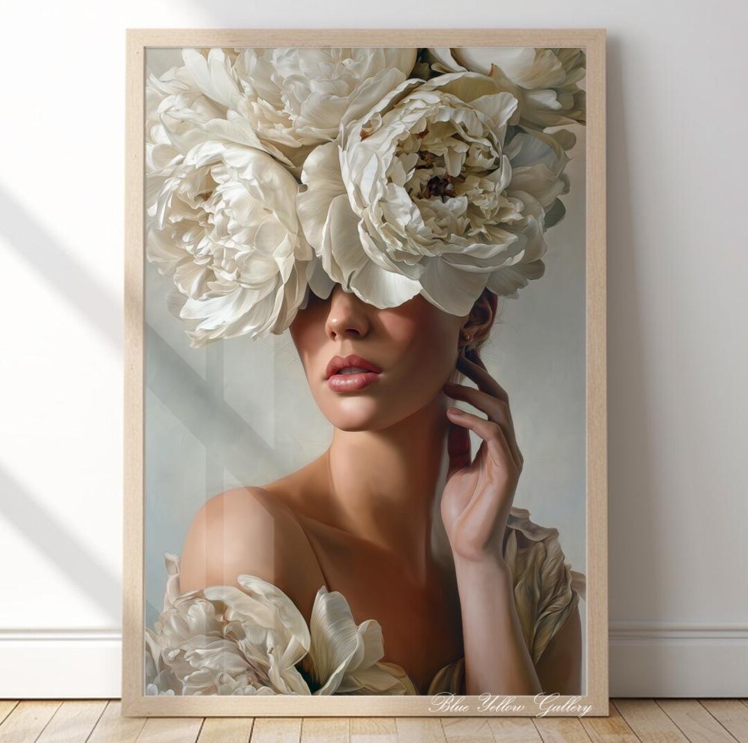 Modern Floral Portrait Wall Art Print, Woman With White Peonies ...
