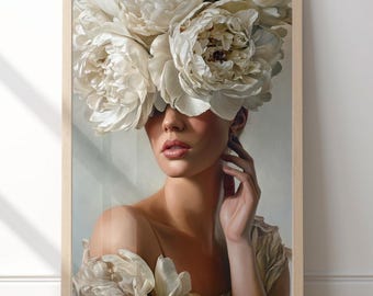 Impresión de arte mural con retrato floral moderno, mujer con peonías blancas, obra de arte femenina neutra, decoración de pared botánica de lujo, impresión de bellas artes.
