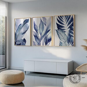 Navy Blue Tropical Palm Leaves Wall Art Set of 3 Prints. Modern ...