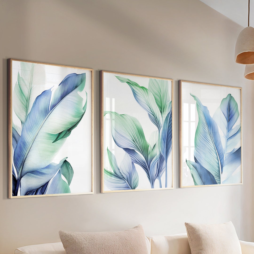 Green Blue Tropical Leaves Wall Art Set of 3 Prints. Botanical Gallery ...